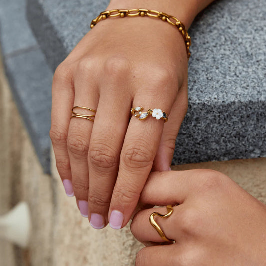 Crystal White Blossom Ring Gold